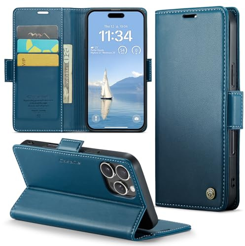Phernykas Wallet Case for iPhone 16 Pro Max, Magnetic Flip | 3 Card Slots, Faux Leather RFID Blocking Card Holder Flip Wallet with Kickstand, Side Magnetic Clasp, Premium Cover,Blue
