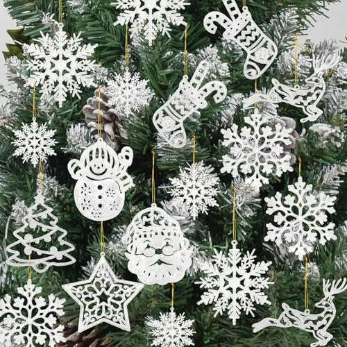 LYCTEIKI 42 Pezzi Fiocchi di Neve per Natale Decoratici, 10 stili diversi Glitter Ciondolo in Legno di Natale, Decorazioni per Albero di Natale, Decorazione Artigianato (bianco)