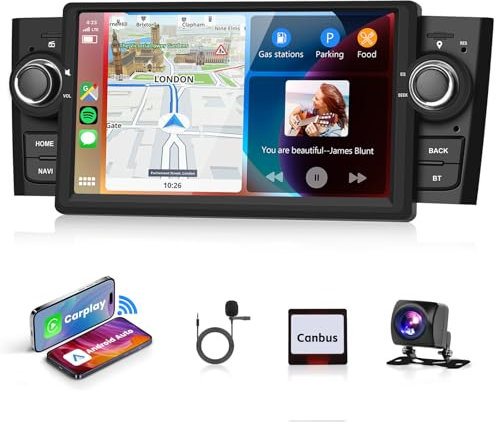 2+64G Podofo Autoradio 2 Din per Fiat Punto 2005-09/per Fiat Linea 2007-2011 Carplay senza Fili Android Auto con 7'' Touchscreen WiFi/HiFi Bluetooth RDS/FM Radio +AHD Telecamera di retromarcia+CANBUS