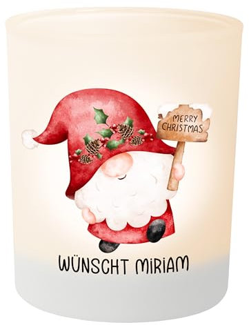 Weihnachts-Geschenk: Wichtel Teelichthalter personalisiert mit Namen – Teelichtglas Windlicht Weihnachtsdeko - Geschenk Weihnachten für Freunde Kollegen Familie (Merry Christmas roter Wichtel)