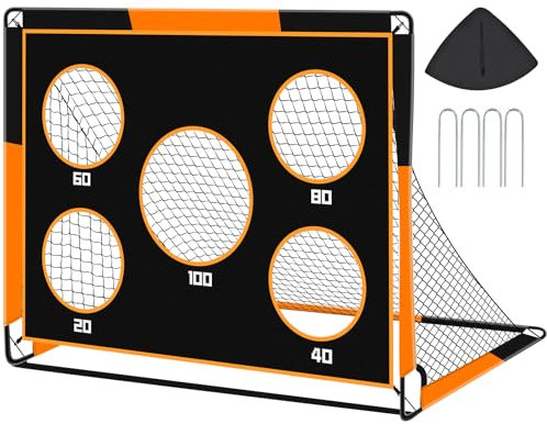 Portería de Fútbol para Niños, 2 en 1 Pop Up Porterías de Fútbol con 5 Disparar y Bolsa de Transporte, Equipos de Entrenamiento de Fútbol Jardín Interior y Exterior (Naranja, 150 * 120 * 120CM)