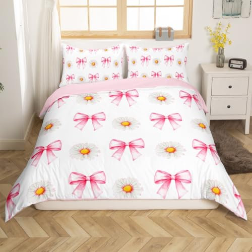 Pink Bowknot Kids Duvet Cover Set Single Size,Daisy Flowers Bow Tie Knot Princess Bedding Set,Girls Women Room Decor,Plant Floral Bows Romantic Boho Chic Quilt Cover,1 Pillowcase(No Comforter)