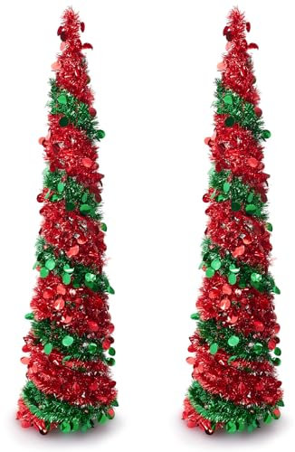 Warmiehomy 2pcs 5ft/150cm Collapsible Christmas Tree Glittering Pencil Christmas Trees with Sequin Artificial Pop up Tinsel Tree Christmas Decorations for Home Office Store, Red & Green