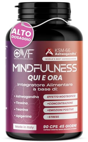 OVF Mindfulness 90 Cps, Nootropico con Ashwagandha, Tirosina, Teanina e Apigenina, Integratori Memoria e Concentrazione, Supporta Umore e Vitalità, Made in Italy