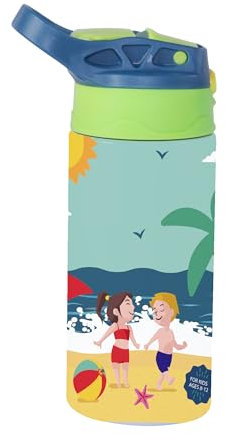 Docliick - Botella agua Acero Inoxidable niños. Térmica 350ml.Botella con dibujos originales exlusivos. Botella Niños colegio pajita. Dibujo Niños Playa