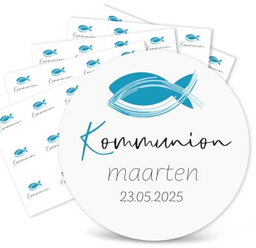 MEJOSER 120 Stück 4cm Aufkleber Kommunion Sticker zum Beschriften Gastgeschenke Einladungskarten Kommunion Deko Fisch Blau Etiketten Selbstklebend Rund Junge Mädchen