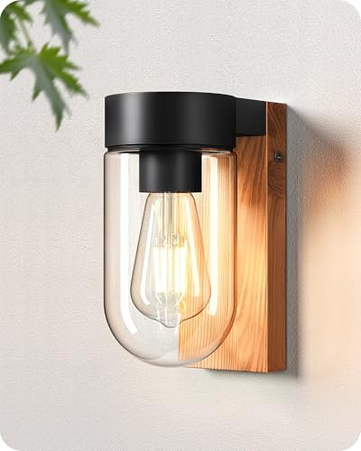 EDISHINE Wandleuchte Außen, Wandlampe mit Klarglas, rostfreiem Aluminium in Holzoptik, IP44 Außenleuchte mit E27-Fassung für Terrasse, Vordach und Garten, 20×8,2×13,5 cm, ohne Leuchtmittel