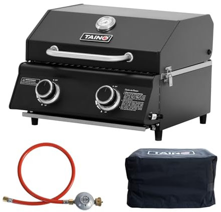 TAINO PLATINUM COMPACT DARK Set Tischgrill Gasdruckregler Abdeckhaube 2 Brenner Gasgrill Kompakt Camping Mini Grill Tragbar BBQ