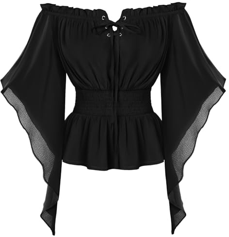 SCARLET DARKNESS Ladies Cottagecore Blouse Solid Color Smocked High Waist Dirndl Blouse Black XL