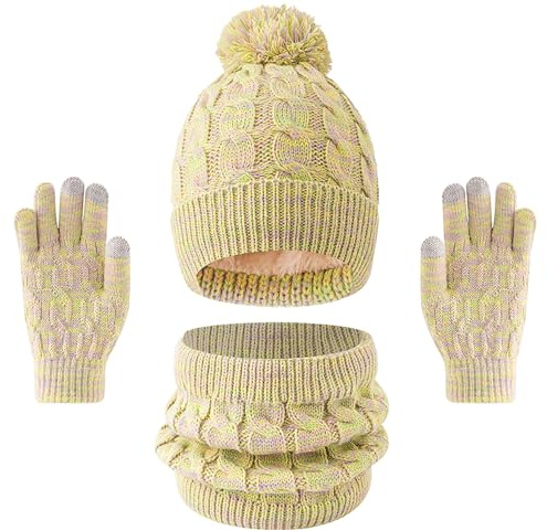 Enwokran Kids Winter Hat Scarf Gloves Set - Thermal Pom Bobble Hat Snood Neck Warmer Touchscreen Mitten Soft Fleece Lining Elastic for Children Aged 5-12 Cold Weather Outdoor Sports