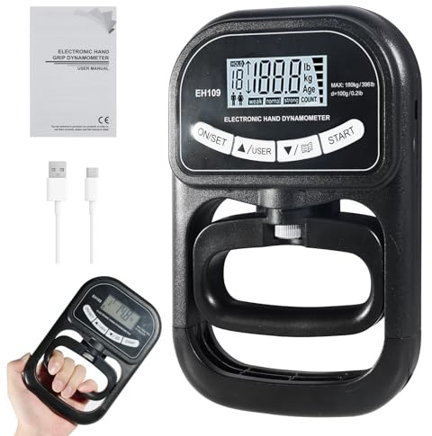 Dinamometro Digitale per Afferrare, 396 lbs/180 kg, Dinamometrica Manuale con Display LCD, Dinamometro Addestramento Afferrare Nero, con Cavo di Ricarica USB, con 19 Gruppi di Registrazione