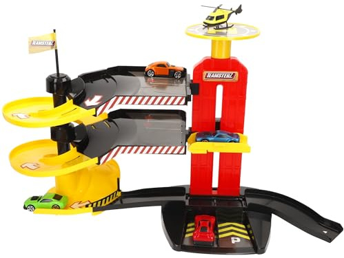 COLORBABBY Teamsterz Parking 3 Niveles con Pista, 4 Coches metálicos y helicóptero, Ascensor Manual, Juguete sin Pilas, Estructura Resistente, Tamaño Grande, para niños y niñas Desde 3 años (39490)