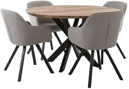 MR. DEKO Essgruppe Avola Tisch Rund 110cm Mangoholz 4 Stühlen Grau Matera | 5-teilig Dining Set