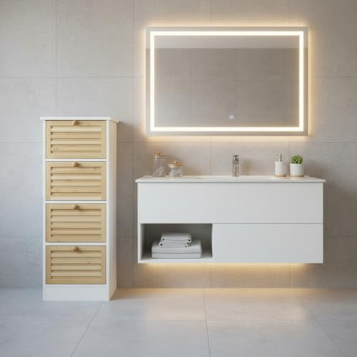 INDE MOBLEKIT | Mueble Bajo Lavabo con 4 Cajones 30×29.5×87 cm, Armario de Baño Blanco con Cajoneras de Madera Natural, Mueble Auxiliar para Almacenaje en Baño o Lavabo