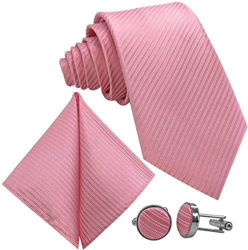 GASSANI 3-SET Rosa Krawatte Streifen gestreift | Binder Rose Manschettenknöpfe Einstecktuch | Krawattenset zum Anzug Seide-Optik