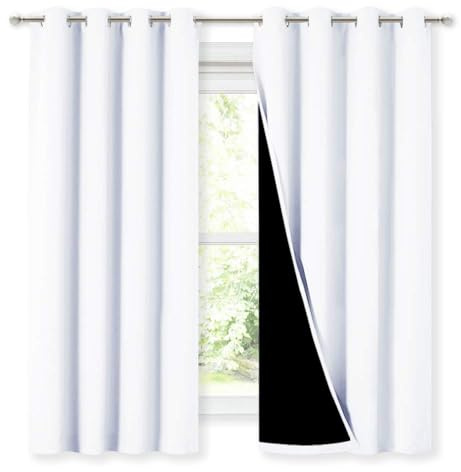 NICETOWN White 100% Blackout Lined Curtains, 2 Thick Layers Completely Blackout Window Treatment Thermal Insulated Drapes for Kitchen/Bedroom (1 Pair, 52 inches Width x 63 inches Length Each Panel)