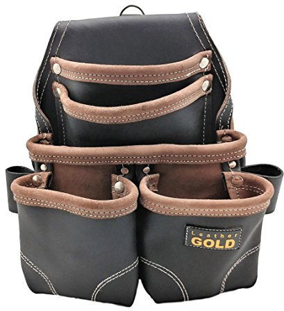 LEATHER GOLD Nageltasche | Leder-Werkzeugtasche 3150DP, 5 Taschen, schwarzes, ölgegerbtes Leder, robuster Schreiner-Werkzeuggürtel mit verstärkten Nähten und 2 Druckknopfschlaufen