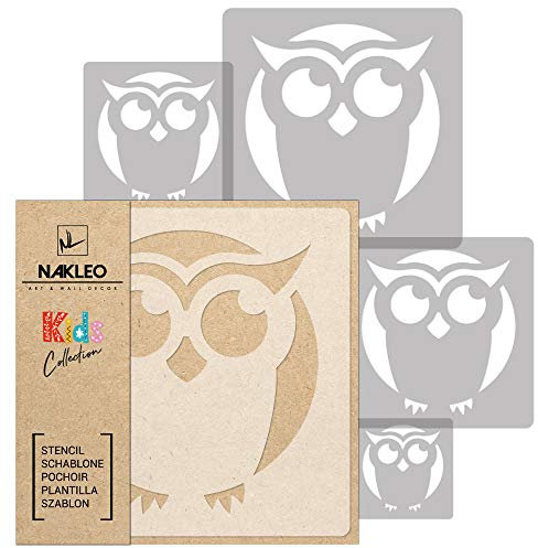 NAKLEO Schablonen Malen für Kinderzimmer, 5 Stück Set 9x9 bis 34x34cm Eule Tier Vogel, Wiederverwendbare Kunststoff Malvorlage Raumdekoration, Basteln DIY Wand Möbel Papier Stoff