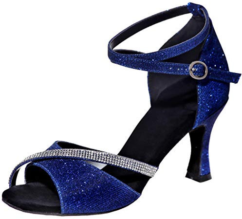 MGM-Joymod Damen Glitzer Kristalle Ketten Salsa Samba Rumba Ballsaal Latein Modern Tanzschuhe Hochzeit Party Sandalen,Blau Glitzer /7.5cm Absatz - Größe:EU 37