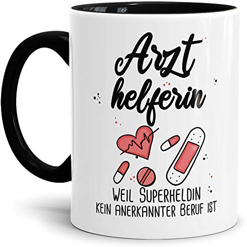 Berufe-Tasse Superheldin Arzthelferin - Kaffee-Tasse mit Spruch/Arbeit/Job/Lustig/Geschenk-Idee - Innen & Henkel Schwarz