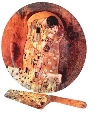 Atelier Harmony Gustav Klimt Glas-Tortenteller Set Der Kuss 30cm Glasteller mit Tortenschaufel