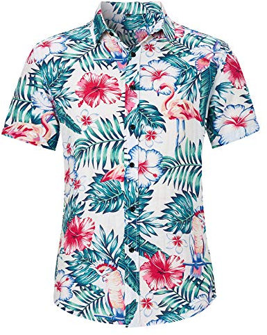 Loveternal Chemise Flamant Funky Chemise Hawaïenne Homme 3D Imprimé Chemise Manches Courte Hawaii Flamingo Shirt XXL