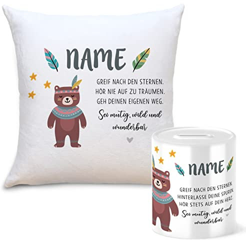 OWLBOOK Boho Bär Geschenkset Kinder Spardose und Kissen Personalisiert mit Namen Geschenke Geschenkideen für Kinder Baby Junge Mädchen zum GeburtstagWeihnachten Einschulung Taufe Geburt Sparschwein