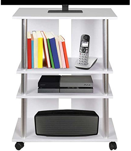 BAKAJI Mobile TV in Legno MDF con 3 Ripiani Porta Console Videogiochi DVD e 4 Ruote Mobiletto Carrello Porta Televisore Design Moderno Dimensione 60 x 45 x 80,5 cm braccio supporto braccetto (Bianco)