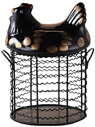QYLJZB Kitchen Egg Basket, Farmhouse Chicken Wire Basket with Handle and Ceramic Chicken Lid Cute Egg Storage Basket for Kitchen Living Room Home Decor,Black