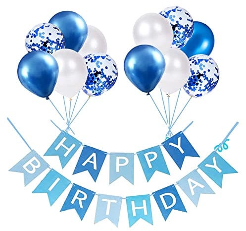 Luftballons Geburtstag Dekoration Set, blau Geburtstagsdeko Happy Birthday deko Banner Party Deko Geburtstag Set mit blau Luftballons Konfetti Ballons