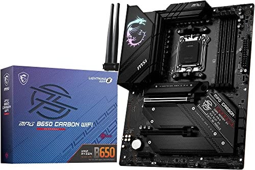 MSI MPG B650 Carbon WiFi Mainboard, ATX - Unterstützt AMD Ryzen 7000 Serie Prozessoren, AM5-16 Phasen 80A VRM, DDR5 Memory Boost 6600+MHz/OC, 2 x PCIe 4.0 x16, 1x M.2 Gen5, 3X M.2 Gen4, Wi-Fi 6E