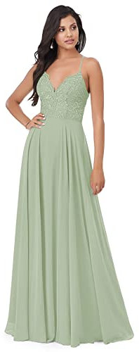 Lecureler Robe de demoiselle d'honneur avec corsage en dentelle et col en V, sauge, 38