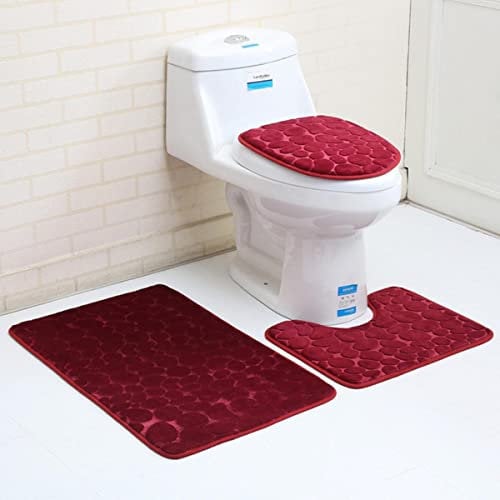 Saugfähiger Teppich mit 3D-Steinmuster, 2- oder 3-teilige Toiletten-Bodenmatte, Flanell, rutschfeste Waschraum-Badematte, Toilettensitzdeckelabdeckung, weinrot, quadratisch und U-förmig