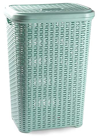 AC - Cesto para ropa sucia con tapa y asas - Estilo Rattan - Fabricado en españa - Cubo pongotodo para colada - Diseño imitación mimbre - Capacidad 60 Litros - 61,5 x 42,5 x 34 cm - Color Verde