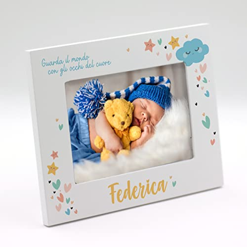 Cornice per bambini portafoto nascita personalizzate con nome. Cornice battesimo per foto idea regalo. Stampa inclusa. (18 x 13 cm | ORIZZONTALE, Nascita)