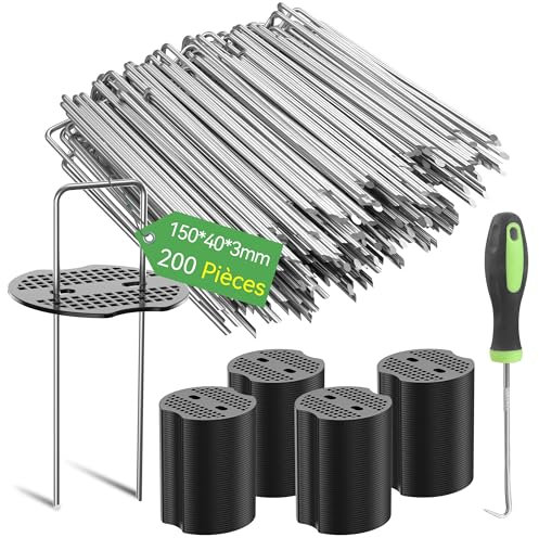 Graxury 200 Pezzi 15cm Ø 3mm Spilli da Giardino Resistenti con 200 Pezzi di Guarnizione - Chiodi in Acciaio Zincato per Fissare Paletti per Ancorare Tessuto Antierba Reti e Tubi con 1 Uncino a Punta