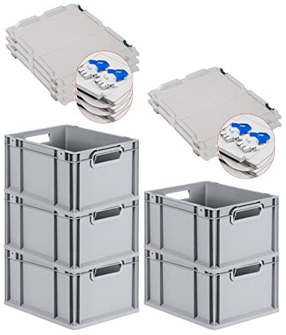 PROREGAL SuperSparSet 5x Eurobox NextGen Grip mit Scharnierdeckel und blauen Schiebeschnappverschlüssen, HxBxT 22x30x40cm, 20 L, Grau, Griffe offen, Eurobehälter, Transportbox
