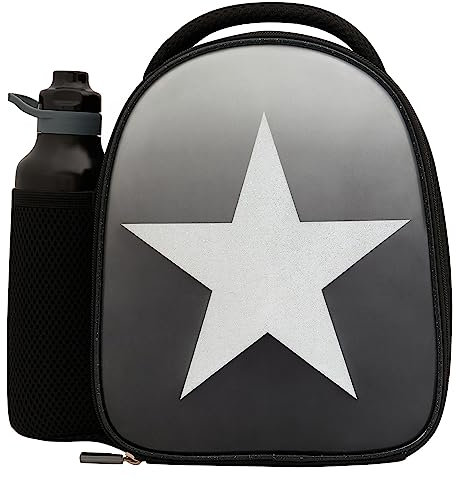 Polar Gear Silver Star Combo Insulated Lunch Bottle with Side Mesh Pocket, Handle Bottle-600D Reusable Food & Drink Thermal Cool Bag for School Nursery Snacks Picnic, 600 ml, Silver Glitter Star Black