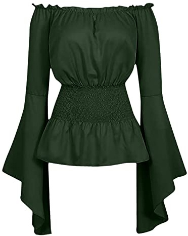 HAOLEI Cold Shoulder Tops for Women,Ladies Gothic Tops Sexy Medieval Corset Tops Renaissance Blouse Flare Sleeve Ruffles Shirt Off The Shoulder Victorian Pirate Shirts Cosplay Halloween Costumes