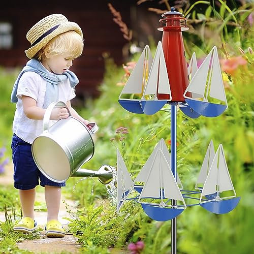 Sailboat Windmill Décor Metal Lighthouse Sailing Wind Spinner Swiveling Sculpture Outdoor Garden Art Wind Sculpture Creative Nautical Art Ornament for Garden Yard