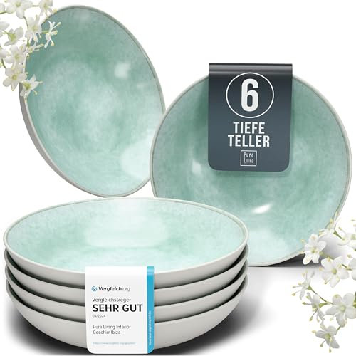 Juego de 6 Platos de Sopa Ibiza - Gres Premium, Resistente a los Arañazos, Apto para Lavavajillas, Microondas - Set de Platos Hondos con Estilo - Pure Living en Beige y Turques