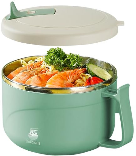 Microwave Ramen Bowl with Handles,304 Stainless Steel Liner Insulated Leak-Resistant Bowl, Microwavable Soup Mug with Lid Large Soup Cups for Ramen Noodle Cereal,42 oz (Green)