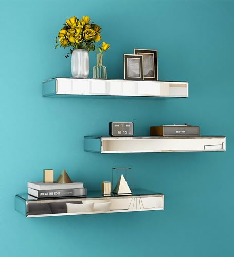 SHYFOY Verspiegelte Schweberegale für Wand, 3er Set Glas-Wandregale für Badezimmer- und Zimmerdekor, Silber