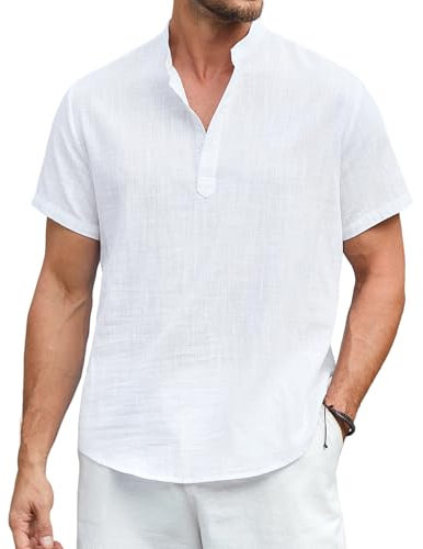 Enlision Mens Linen Shirts Short Sleeve Summer Beach Holiday Henley Shirt Lightweight Plain White Grandad Collar Shirts for Men Button Tops 2XL