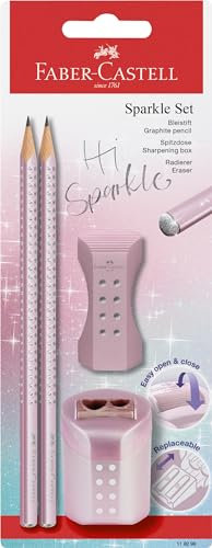 Faber-Castell Sparkle 118298 Lot de crayons avec taille-crayon, gomme et 2 crayons Rose métallisé