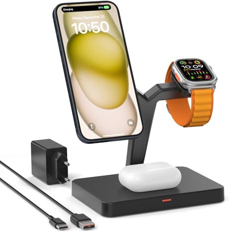 GEEKERA 3 in 1 Magnetic Charger, Inductive Wireless Charging Station, Charger Dock for iPhone 16/15/14/13/12/Pro MAX/Mini, Apple Watch 10/9/8/7/6/SE/5/4/3, AirPods 4/3/2/Pro, Black