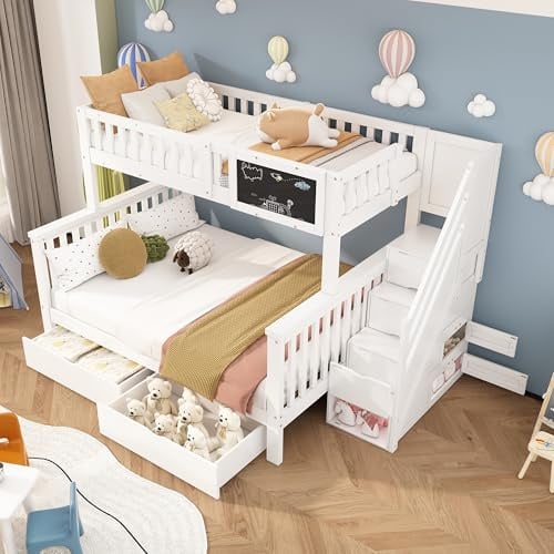 Etagenbett für 3 Kinder, Kinderbett mit 2 Unterbett Schubladen und 4 Speicherung Treppe, 90x200cm +140x200cm Funktionsbett Stockbett Hochbett Jugendhochbett mit Tafel und Rausfallschutz, Weiß