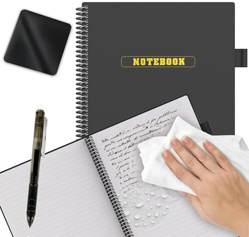 TZZRMO Wiederverwendbares Notizbuch, löschbares notizbuch, Executive A4, Nachhaltiger und Umweltfreundlicher Spiralblock, mit 1 Stift und Mikrofasertuch - Schwarz