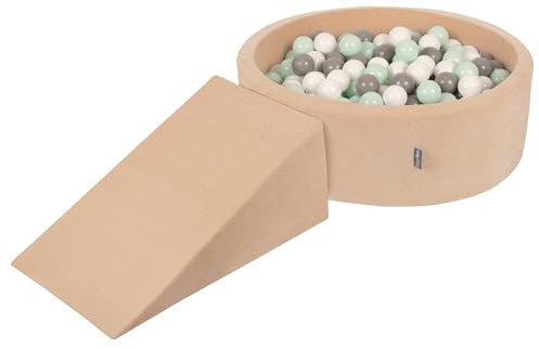 KiddyMoon Parque Terciopelo Infantil De Espuma con Rodondo Piscina De Bolas Piscina (200 Bolas) + Cuna para Niños, Beige De Arena: Blanco/Gris/Menta