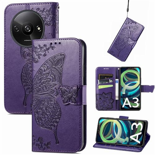 Wigento Für Xiaomi Redmi A3 Kunstleder Wallet Handy Tasche Schmetterling Design Lila